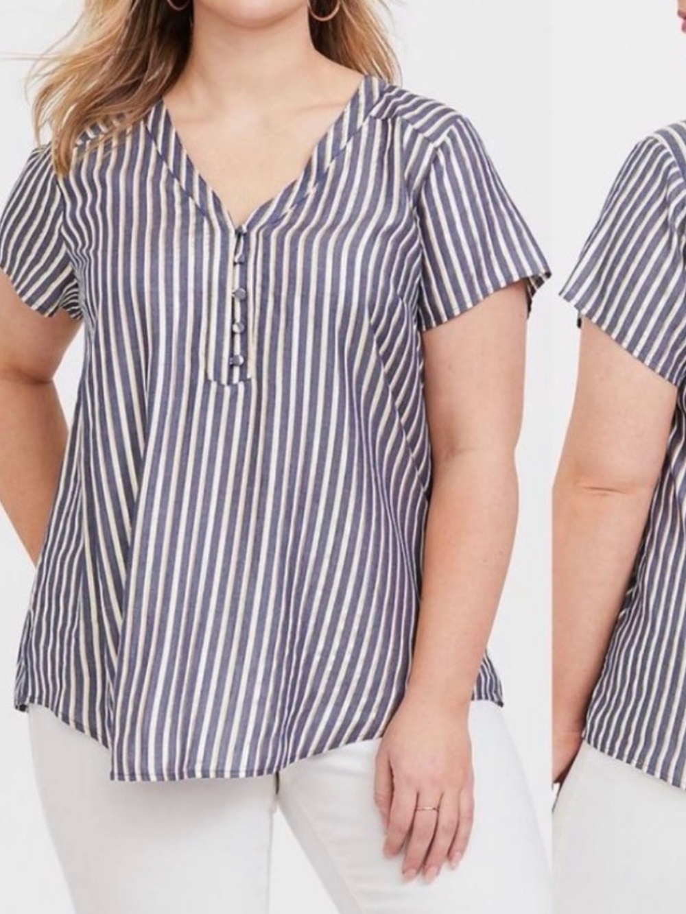 Torrid Blue, White, & Gold Lurex Striped Short Sleeved Top Size 1 (14/16)